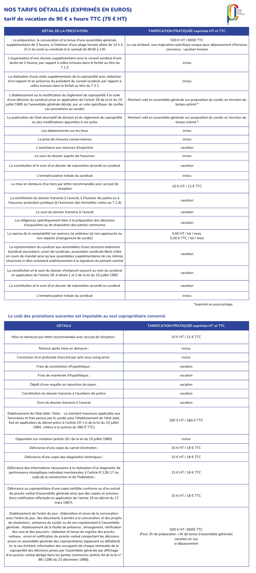 honos tarifs détaillés pour site internet